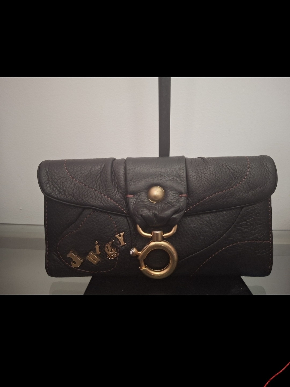 Y2k Juicy Couture Black Leather Wallet with Gold Ring Charm
